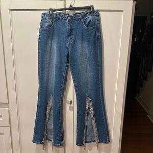 Blue Flared Women Jeans with Fringe Rinestone Details